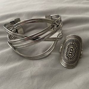 Silver tone western jewelry - cuff bracelet and matching ring